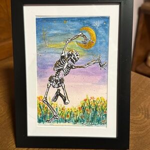 Original Skeletal Moon Dance Watercolor mixed media - Blue, Purple, Gold